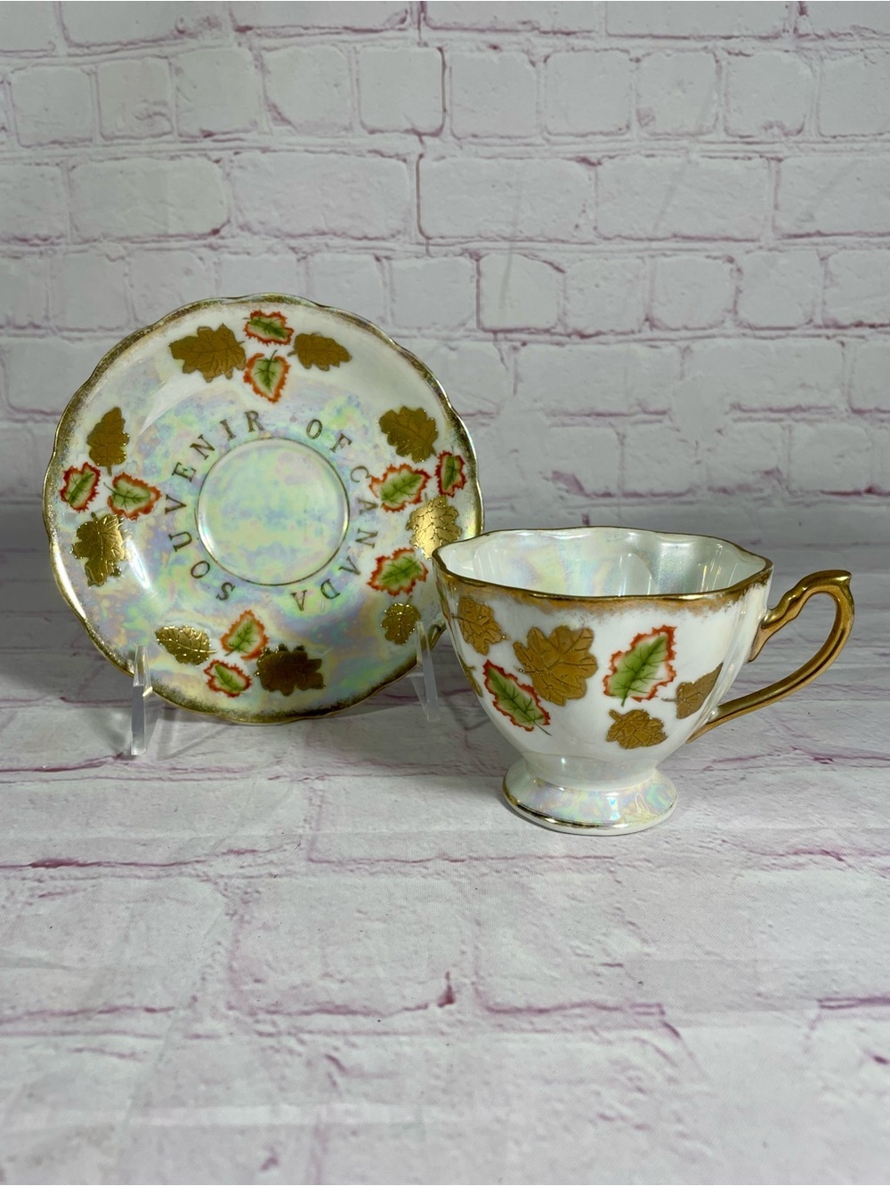 Vintage Castle Souvenir Of Canada Iridescent Teacup and Saucer Set Made in Japan